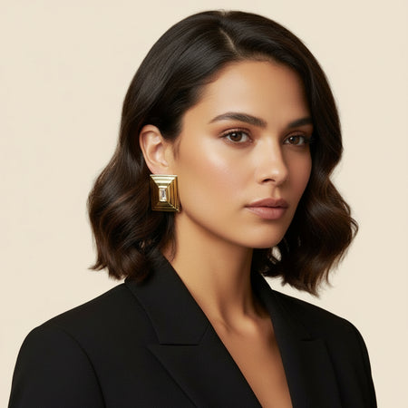 Woman wearing gold earrings with a beige background